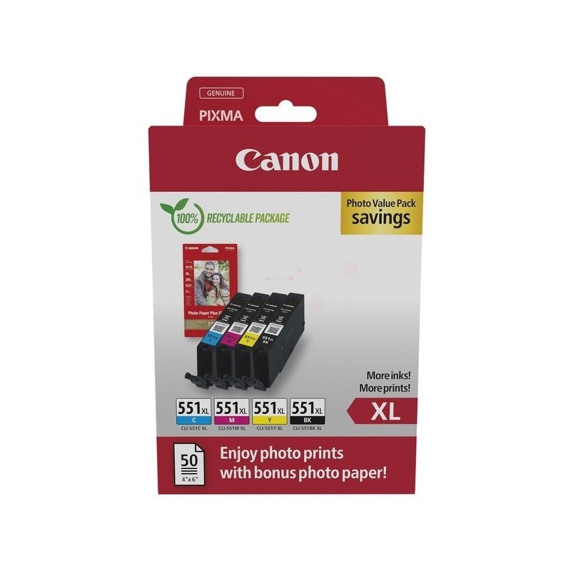 Canon CLI-551XL BK/C/M/Y eredeti tintapatron multipack + fotópapír