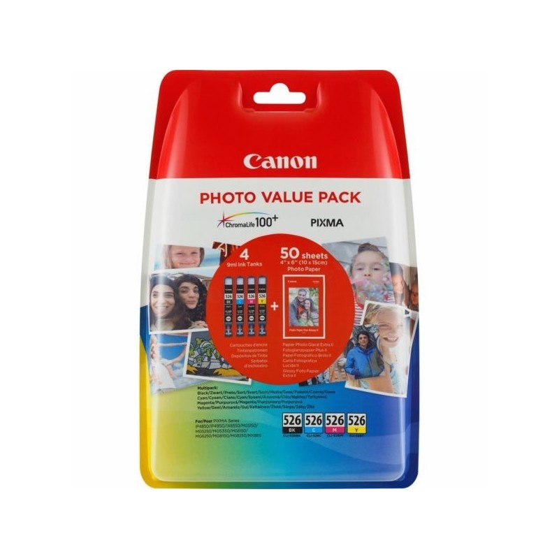 Canon CLI-526 színes eredeti tintapatron multipack + fotópapír (BK, C, M, Y)