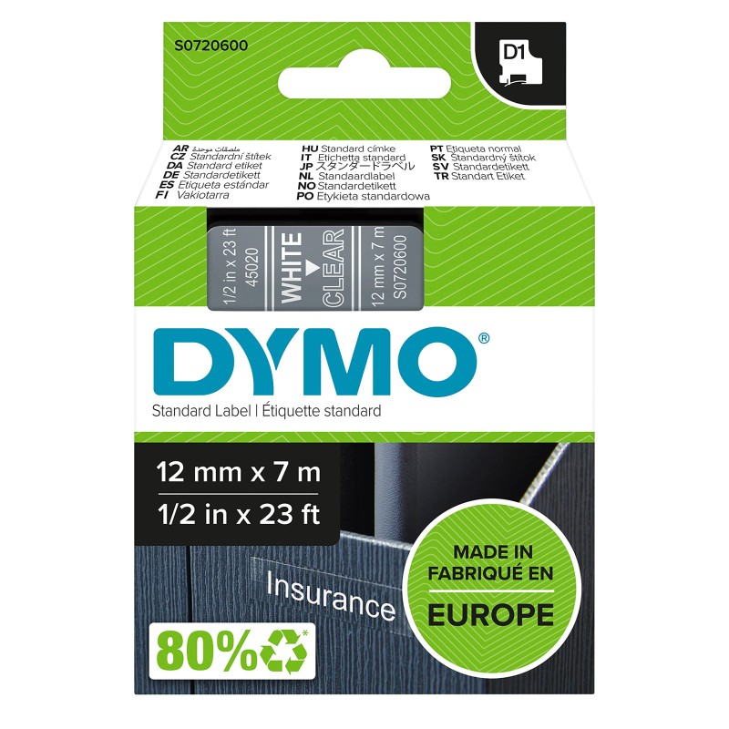 Dymo 45020 fehér alapon átlátszó eredeti feliratozó szalag (S0720600)