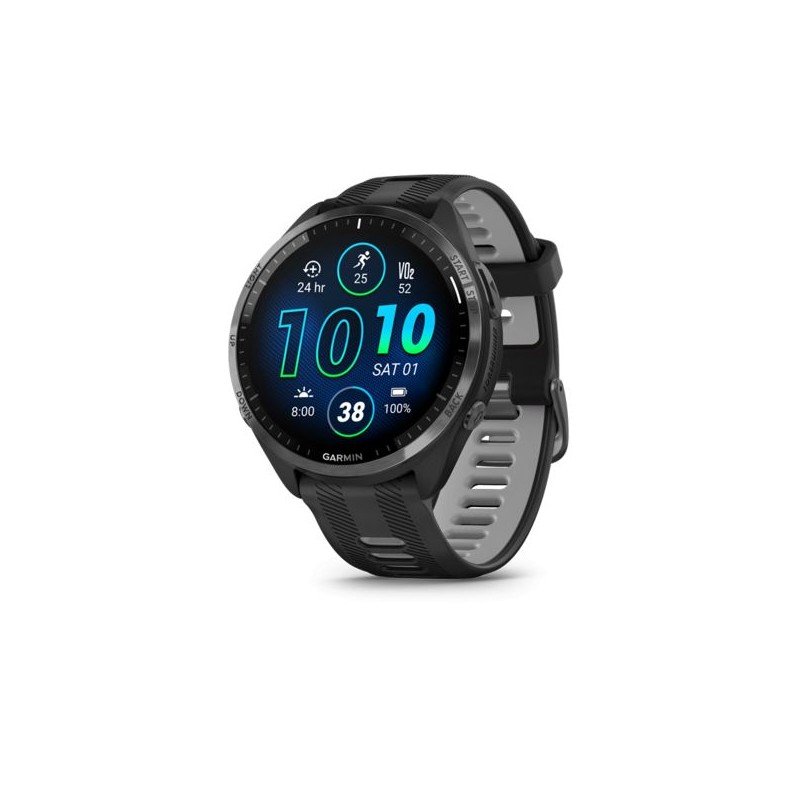 Garmin Forerunner 965 Carbon Grey DLC Titanium Bezel with Black Case and Black/Powder Grey Silicone Band