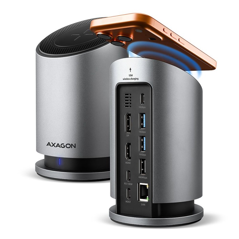 AXAGON HMC-WL9 9in1 hub USB-C 10 Gbps Wireless Charging  Grey