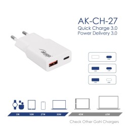 Akyga AK-CH-27 USB-A/USB-C PD 30W Quick Charge 3.0 GaN White