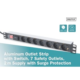 Digitus Aluminum outlet strip with switch 7 safety outlets 2m supply with surge protection