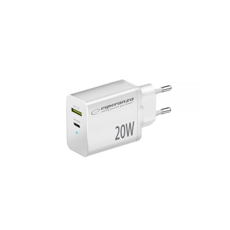 Esperanza Quich Power Charger 20W USB-C PD 20W / USB-A QC 3.0 18W White