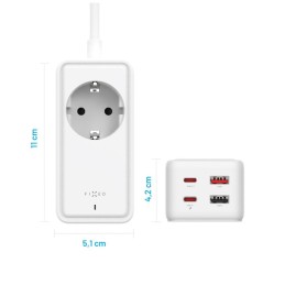 FIXED hálózati USB töltő, GaN III technológia, kimenetetk: 2 * USB-A QC3.0, 2 * USB-C PD3.0 65W , 1*220V, 3m kábel, fehér