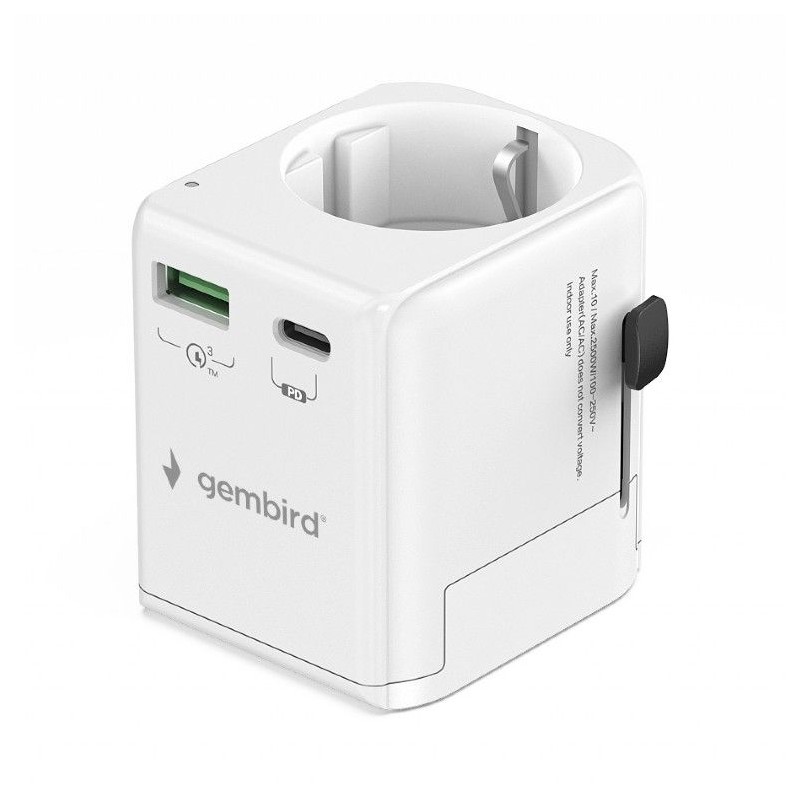 Gembird Grounded universal travel power adapter 20W White