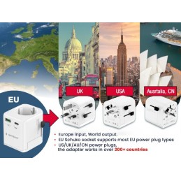 Gembird Grounded universal travel power adapter 20W White