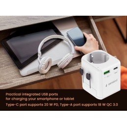 Gembird Grounded universal travel power adapter 20W White