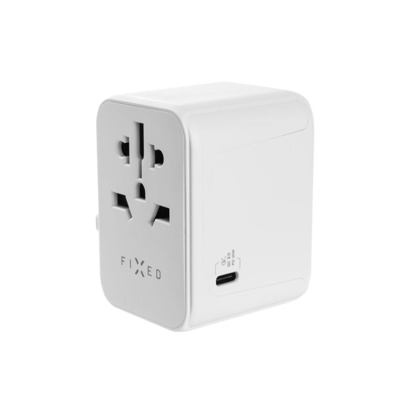 FIXED Utazóadapter EU, UK és USA/AUS számára, 1xUSB-C és 2xUSB kimenettel, GaN PD 30W, fehér
