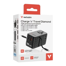 Verbatim Charge ''n'' Travel 70W GaN III Universal Travel Adapter with 2 Retractable USB-C Cables Black