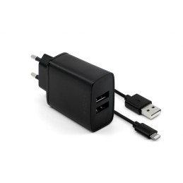 FIXED hálózati telefontöltő, 2 USB kimenet, USB/Lightning 1 m-es MFI kábel a csomagban, 15W Smart gyorstöltés, fekete