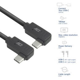 ACT USB 3.0 60W USB Type-C (left/right angled) to USB Type-C (left/right angled) Cable 0,5m Black