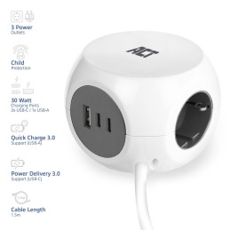 ACT Power Strip Cube F Socket Hálózati Elosztó 3DIN 1,5m White