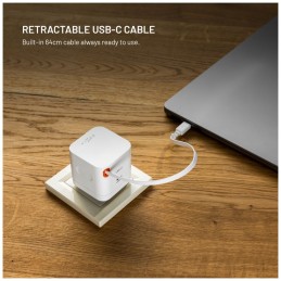 FIXED 2xUSB-C töltő visszahúzható kábellel, GaN PD 3.0 támogatással, 65W, fehér