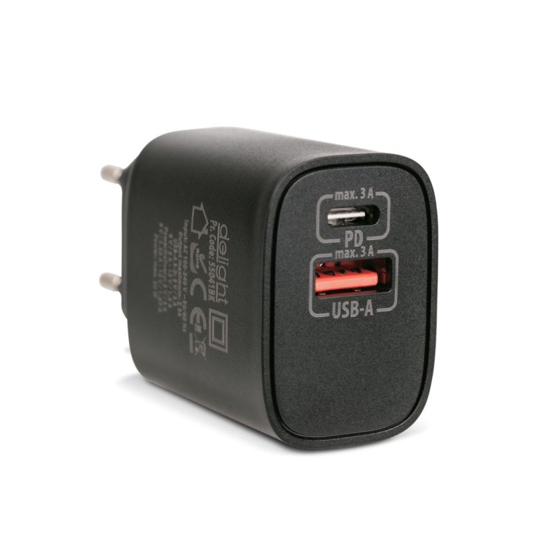 Delight USB Type-C + USB A PD20W Fast charger Black