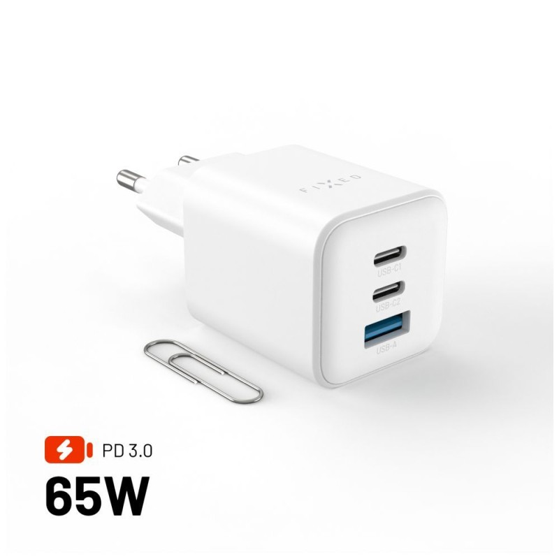 FIXED Mini 2x USB-C, USB-A GaN töltő adapter 65W, fehér