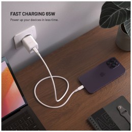 FIXED Mini 2x USB-C, USB-A GaN töltő adapter 65W, fehér