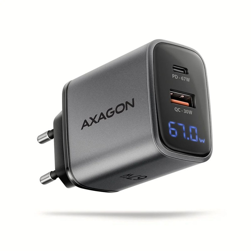 AXAGON ACU-PQ67D PD3.0 & QC4+ 2xOUTPUTS LCD display wall charger 67W Black