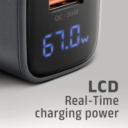 AXAGON ACU-PQ67D PD3.0 & QC4+ 2xOUTPUTS LCD display wall charger 67W Black