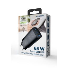 Gembird 3-port 65W GaN USB PowerDelivery fast charger Black