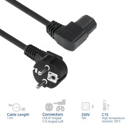 ACT Powercord mains connector Schuko CEE 7/7 male (angled) - C15 (angled left) IEC 60320 1,5m Black