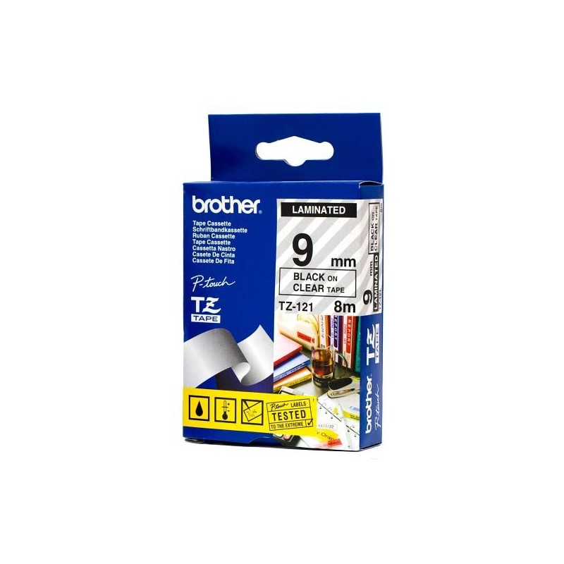 Brother TZE-121 laminált P-touch szalag (9mm) Black on Clear - 8m