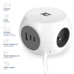 ACT Power Strip Cube E Socket Hálózati Elosztó 3DIN 1,5m White