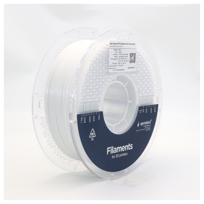 Gembird fehér eredeti nagysebességű PETG filament (1,75mm, 1kg, 3DP-PETG1.75HY-01-W)