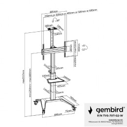 Gembird TVS-70T-02-W Aluminum TV floor stand with caster wheels 37"-70" White