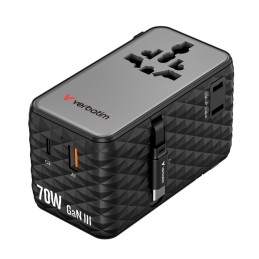 Verbatim Charge ''n'' Travel 70W GaN III Universal Travel Adapter with 2 Retractable USB-C Cables Black