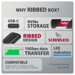 AXAGON EEM2-SC USB-C 10Gbps M.2 NVMe SSD RIBBED Box