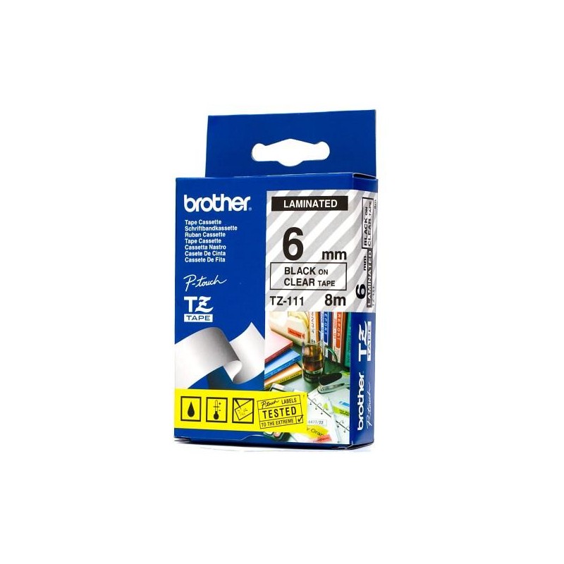 Brother TZE-111 laminált P-touch szalag (6mm) Black on Clear - 8m