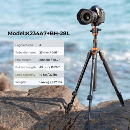 K&F Concept K234A7+BH28L állvány, 200cm magasság, 10kg teherbírás, telefonadapter