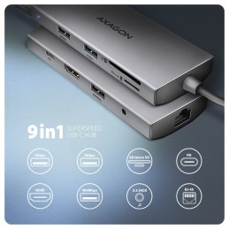 AXAGON HMC-8HLSA USB-C 5Gbps 9in1 hub Grey