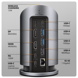 AXAGON HMC-WL9 9in1 hub USB-C 10 Gbps Wireless Charging  Grey