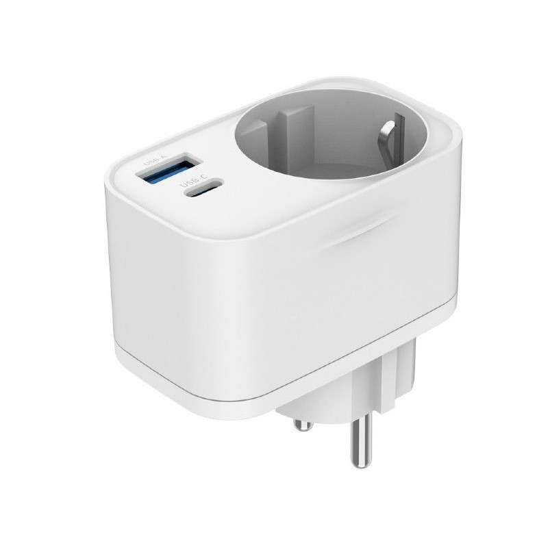 Gembird TA-ACPDQC20-01-W 2-port USB fast charger with pass-through AC socket 20W White