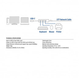 ACT AC7055 USB-C Hub 3 port with Gigabyte Ethernet Grey
