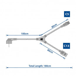 ACT Powercord split cable mains connector CEE7/7 male (angled) - 1 x C13 + 1 x C5 1,8m Black