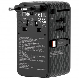 Verbatim Charge ''n'' Travel 70W GaN III Universal Travel Adapter with 2 Retractable USB-C Cables Black