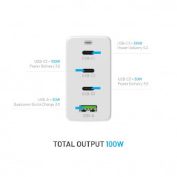 FIXED hálózati töltő 3xUSB-C 1xUSB-A kimenet, GaN technológia,PD 3.0, 100W, fehér