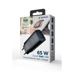 Gembird 3-port 65W GaN USB PowerDelivery fast charger Black