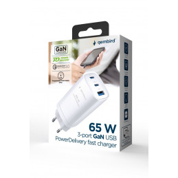 Gembird 3-port 65W GaN USB PowerDelivery fast charger White
