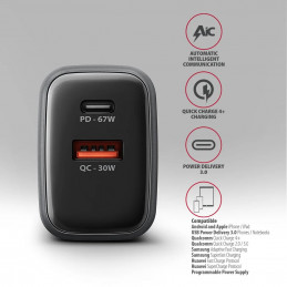 AXAGON ACU-PQ67D PD3.0 & QC4+ 2xOUTPUTS LCD display wall charger 67W Black