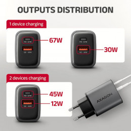 AXAGON ACU-PQ67D PD3.0 & QC4+ 2xOUTPUTS LCD display wall charger 67W Black