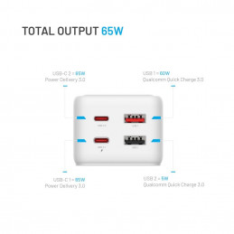 FIXED hálózati USB töltő, GaN III technológia, kimenetetk: 2 * USB-A QC3.0, 2 * USB-C PD3.0 65W , 1*220V, 3m kábel, fehér