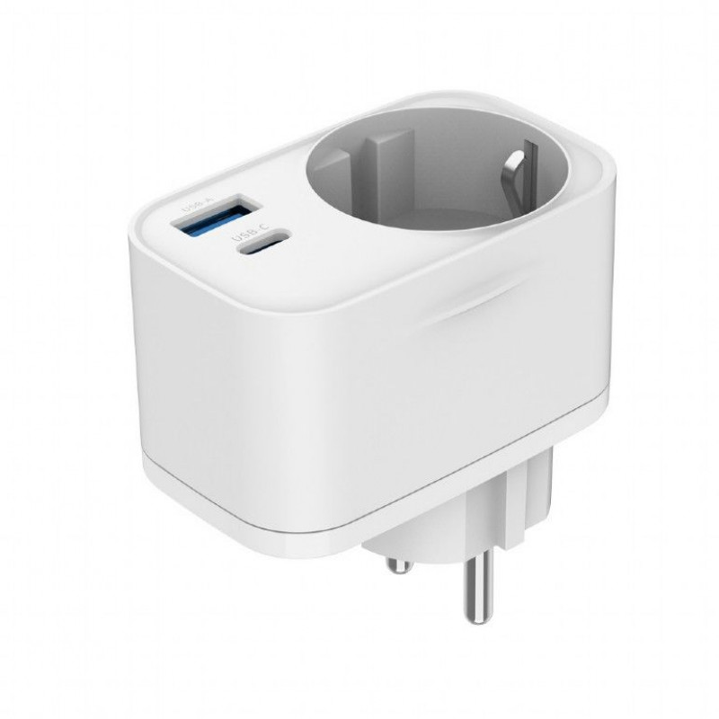 Gembird TA-ACPDQC20-01-W 2-port USB fast charger with pass-through AC socket 20W White