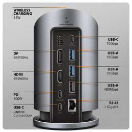 AXAGON HMC-WL9 9in1 hub USB-C 10 Gbps Wireless Charging  Grey