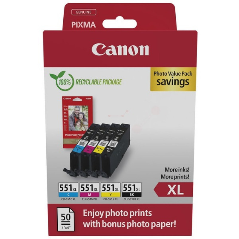 Canon CLI-551XL BK/C/M/Y eredeti tintapatron multipack + fotópapír