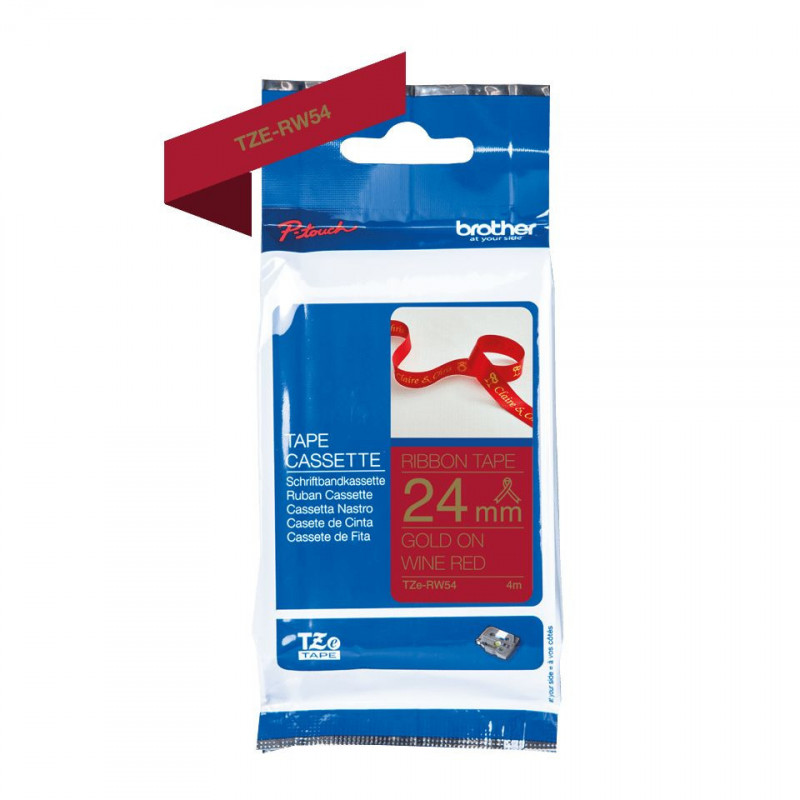 Brother TZE-RW54 piros alapon arany eredeti selyemszövet feliratozó szalag (24mm x 4m)