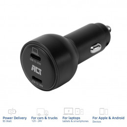 ACT 2-port USB-C Fast Car Charger 95W with PD, QC and GaNFast Black
